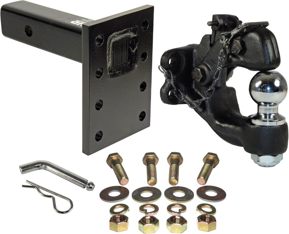 Combination Pintle Hook with 2-5/16 Inch Ball, Mounting Plate and Hardware, fits 2" Receiver Hitch