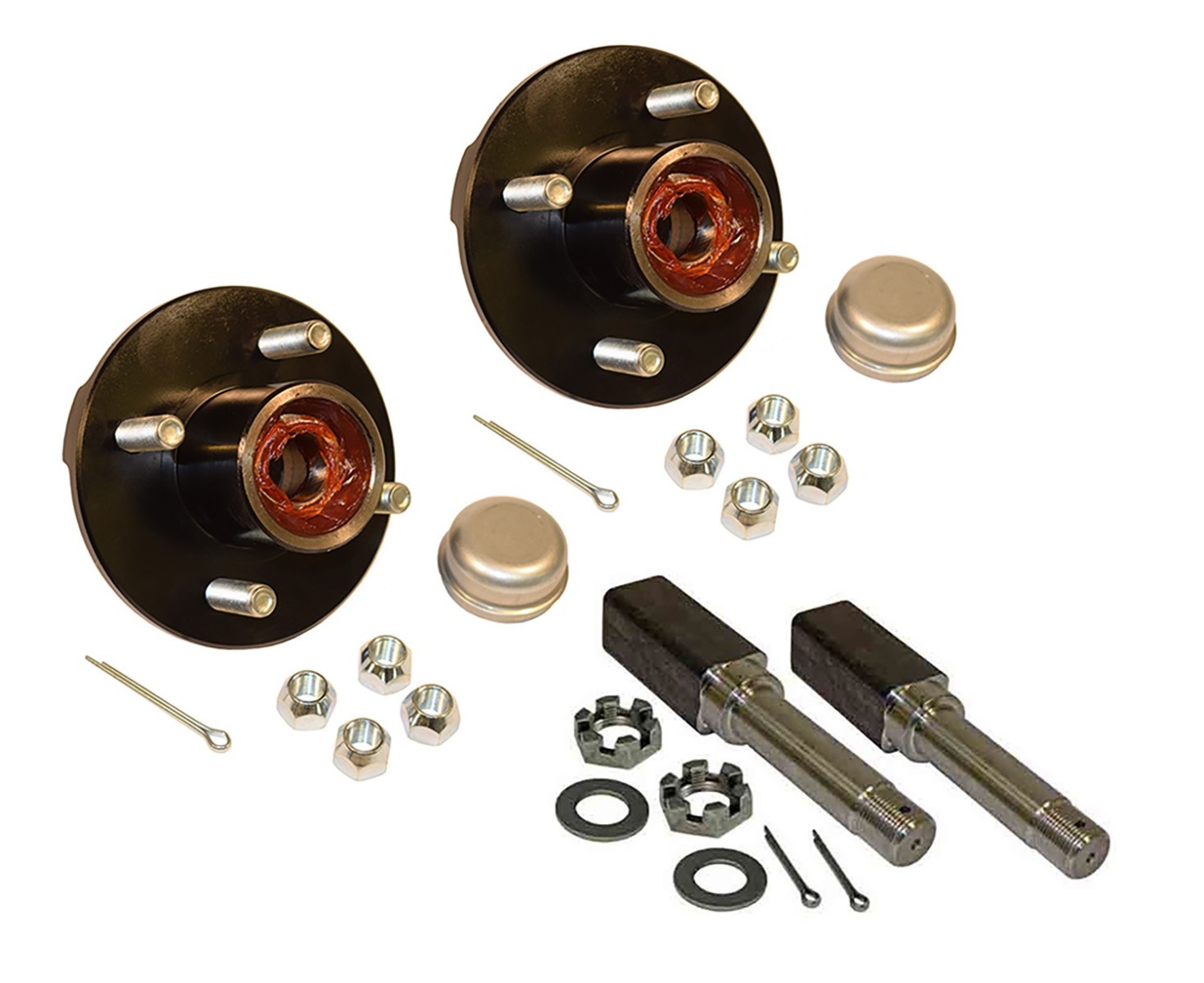 Pregreased Pair of 4-Bolt On 4 Inch Hub Assemblies with Square Shaft 1-1/16 Inch Straight Spindles & Bearings