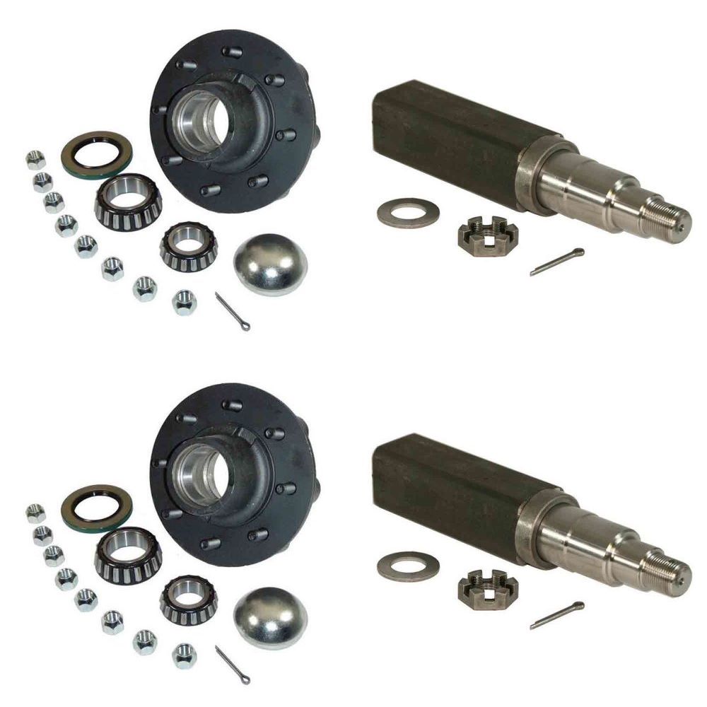 Trailer Axle Spindle Kit - (2) 8-Bolt on 6-1/2" Inch Hub Assemblies Includes (2) Square Stock 1-3/4 Inch to 1-1/4 Inch Tapered Spindles & Bearings