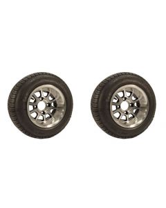 Pair of Aluminum Golf Cart 10 Spoke Wheels, 205/50-10 GreenSaver Plus G/T Tire Kit - Includes Center Hub Caps and Lug Nuts