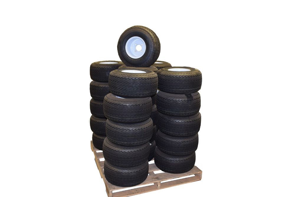Golf Cart Wheel Assembly 18 x 8.50-8 Green Saver Sawtooth Turf Tire on 8" White Steel Wheel (4-Lug) - 26-Pack, Including (104) 1/2" x 20 Nickel Plated Lug Nuts