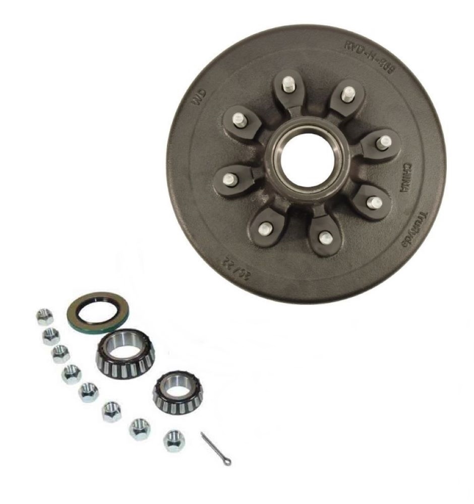 Trailer Hub/Drum Assembly With Bearings, 8 On 6-1/2" Bolt Circle, 3,500 Lb. Capacity For 1-3/4" To 1-1/4" Tapered Spindle W/ EZ Lube Cap & Plug (HD-1208-02-EZ)