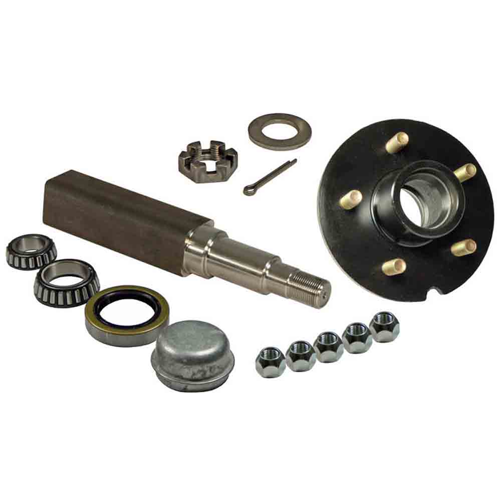 Single - 5-Bolt on 5 Inch Hub Assembly - Includes (1) Square Stock 1-3/8 Inch To 1-1/16 Inch Tapered Spindle & Bearings